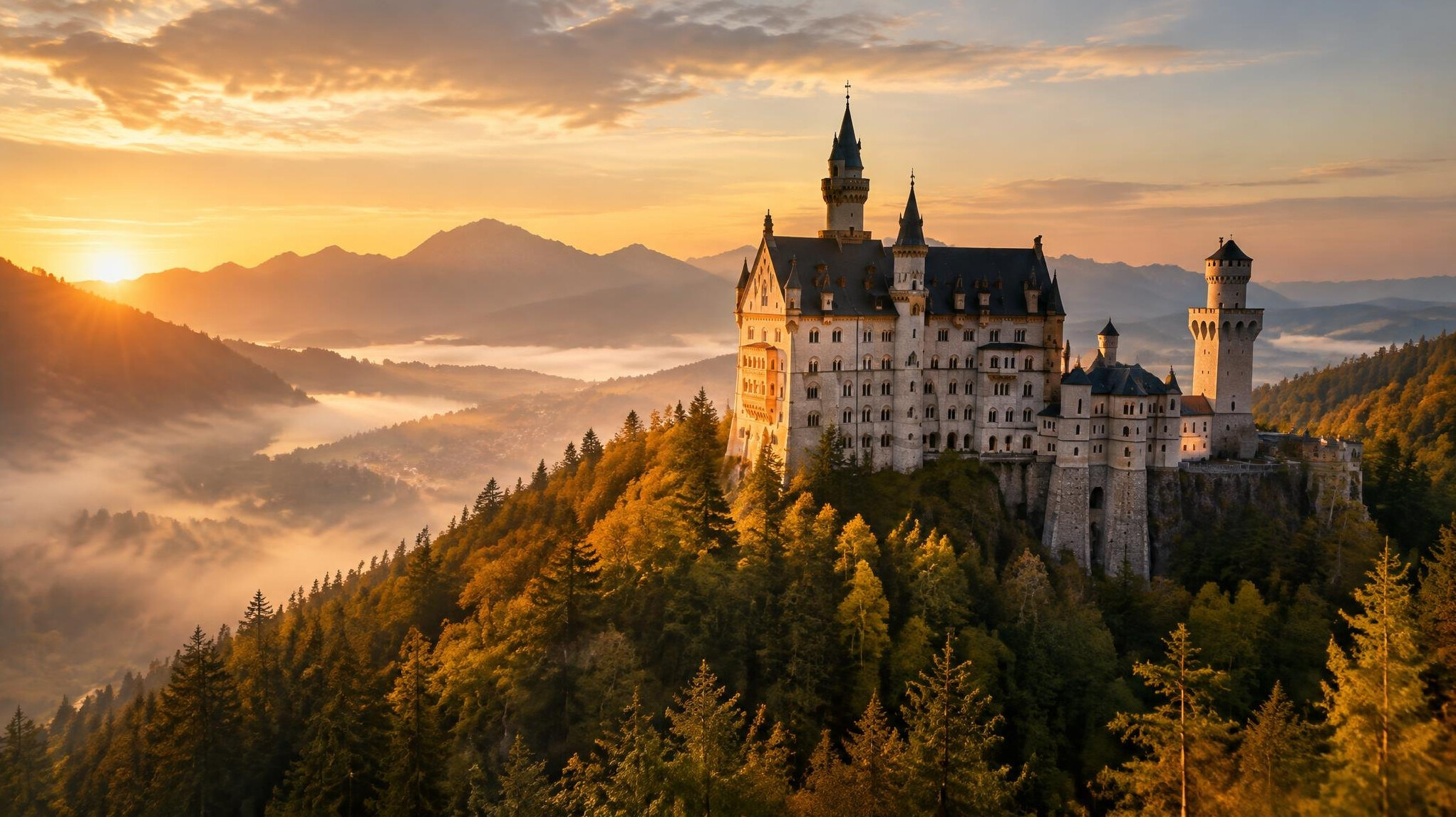 German castle glowing in golden hour light on a forested hill